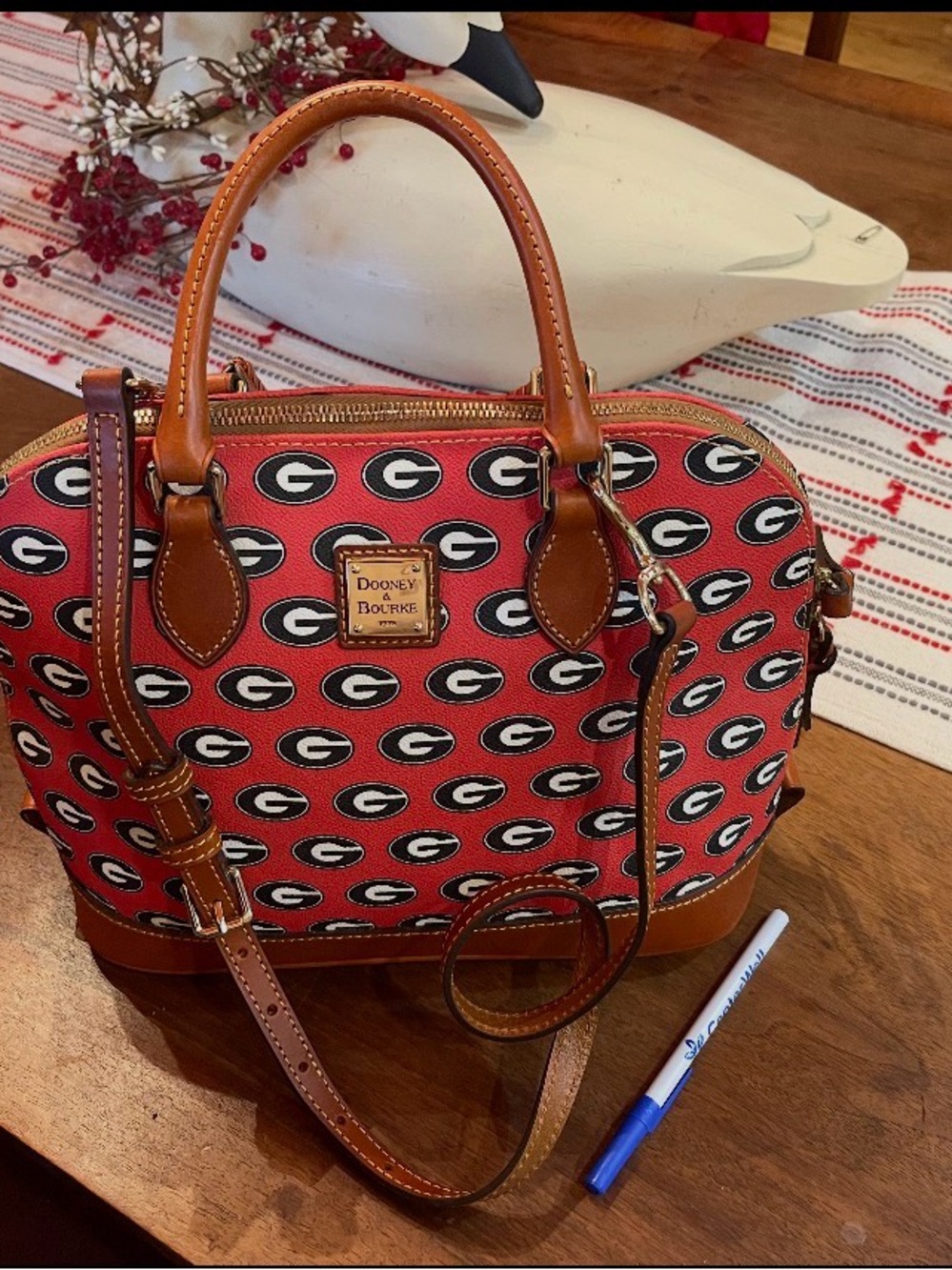 Dooney & Bourke Red Georgia G Pattern Satchel with Tan Trim